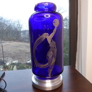 Vtg 1988 Erte Cobalt Blue Fireflies Vase W Silver Base By Franklin MInt